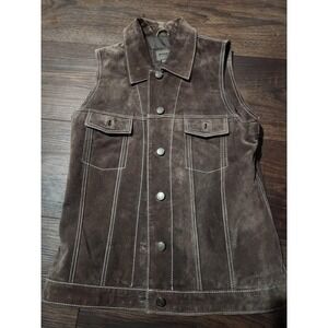 Brandon Thomas Vest Mens M Brown Suede Leather Button Front Collared Biker Lined